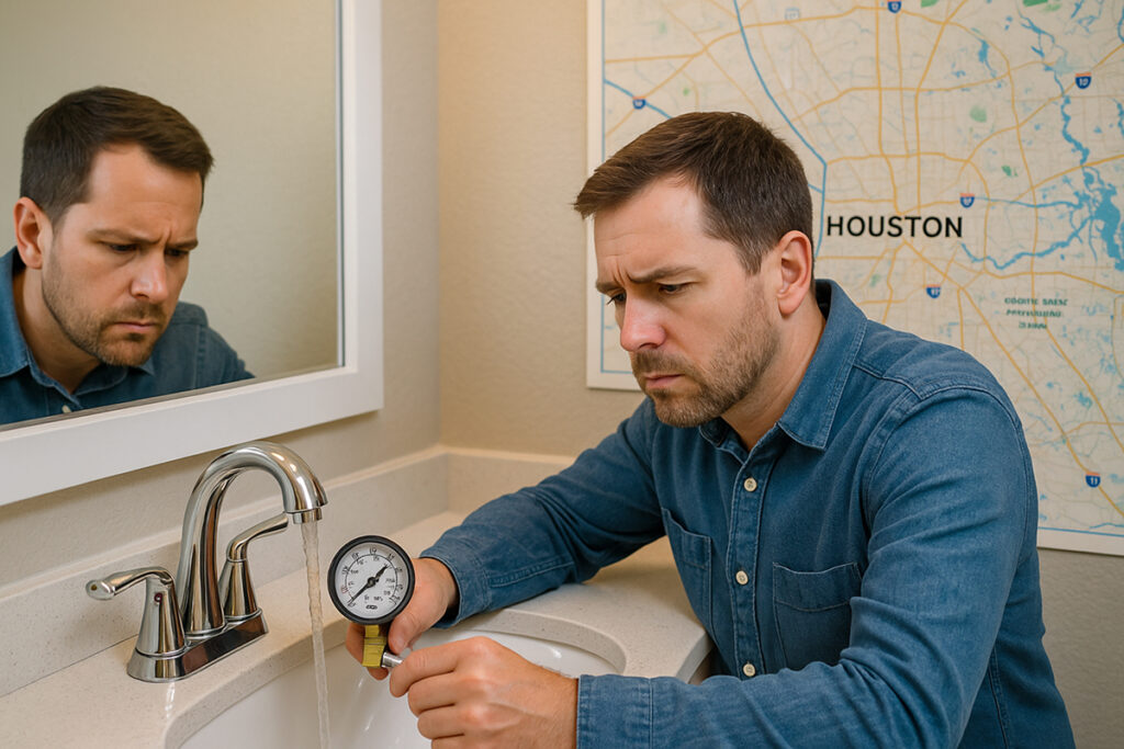 Houston homeowner using a water pressure gauge to check low water pressure at a bathroom faucet